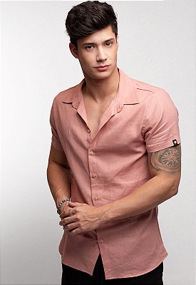 Camisa Masculina Manga Curta Linho Rosa