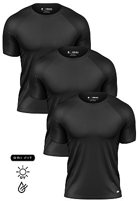 Kit 3 Camisetas Masculinas Performance Dry Fit Tech Com Elastano UV50+ Preta