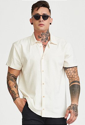 Camisa Manga Curta Masculina Viscose e Linho - Crú