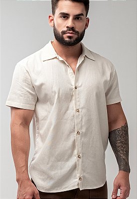 Camisa Manga Curta Masculina Viscose e Linho - Crú