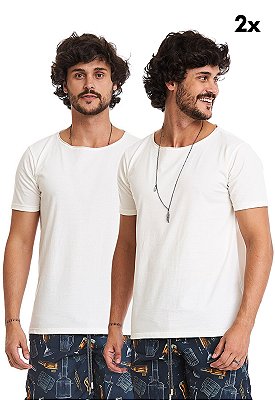 Kit 2 Camisetas Básicas Corte A Fio 100% Algodão - OffWhite