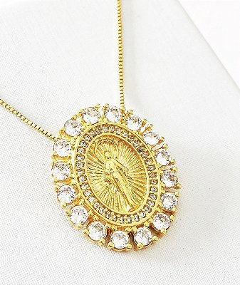 colar com pingente medalha nossa senhora das gracs banho de ouro 18k
