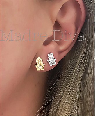 Brinco Zirconia  mão de Fátima banhado