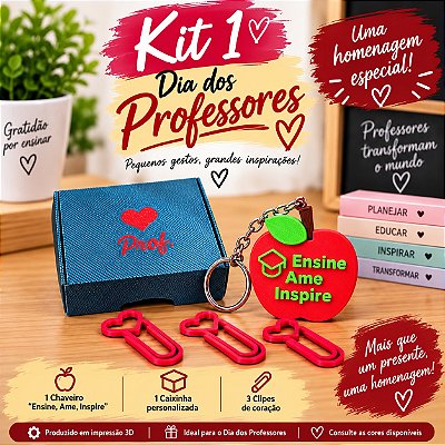 Kit Dia dos Professores – Chaveiro + Caixinha + Clipes ❤️🍎