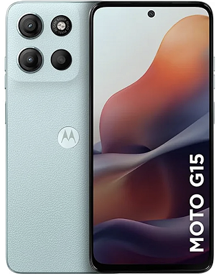 Smartphone Motorola Moto g15 128GB 12GB (4GB RAM + 8GB RAM Boost) e Camera 50MP com AI e Night Vision Bateria de 5200 mAh Tela FHD+ 6.7" com Superbrilho NFC - Azul Claro - Vegan Leather