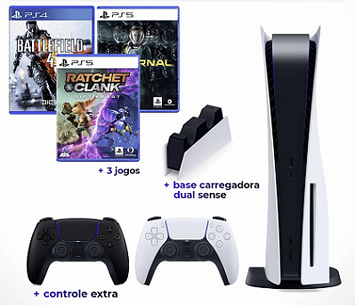 Console Sony PlayStation®5 Standard 825GB SSD + 2 Controles + Base Carregadora dos controles + 3 Jogos - Semi Novo Na Caixa