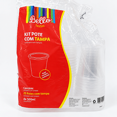 KIT TAMPA E POTE 500ML TRANSP 25UN - BELLO