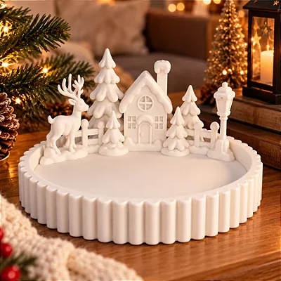 Bandeja Decorativa Vila de Natal com Rena e Casinha – Branca