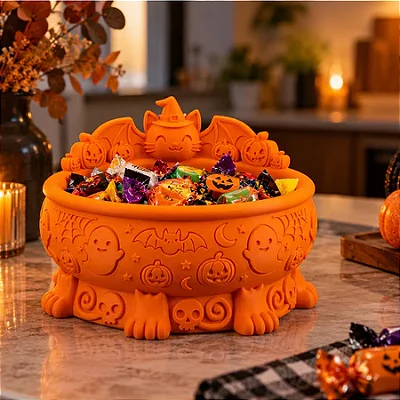 Tigela Porta-Doces Halloween Gato Abóbora Laranja