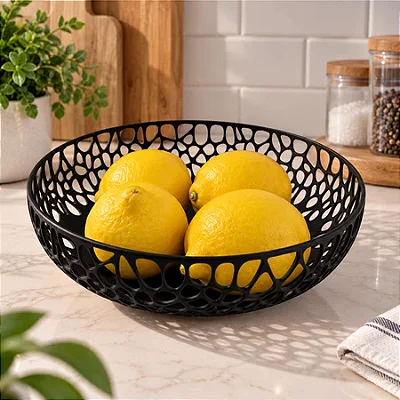 Fruteira Preta Decorativa Moderna – Malha Orgânica