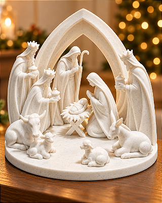 Presépio de Natal Minimalista com Arco, Sagrada Família e Reis Magos