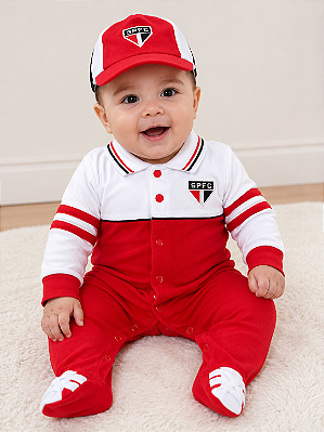 Macacão Bebê São Paulo Longo Plush Com Boné Oficial