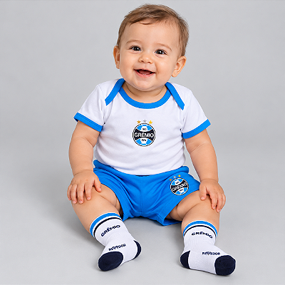 Uniforme Bebê Grêmio Conjunto Com Body Shorts e Meia Oficial