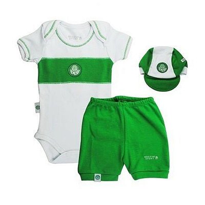 Kit Bebê Palmeiras com Body Shorts e Boné Oficial