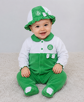 Macacão Bebê Palmeiras Plush Com Gorro Feminino Oficial