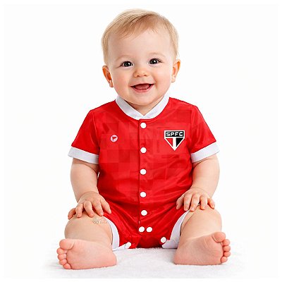 Macacão Bebê São Paulo Vermelho Manga Curta Torcida Baby