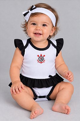Body Vestido Bebê Corinthians Com e Tiara Oficial