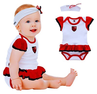 Body Vestido Bebê Flamengo Com Tiara Oficial