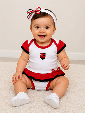 Body Vestido Bebê Flamengo Com Tiara Oficial