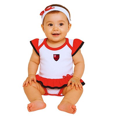 Body Vestido Bebê Flamengo Com Tiara Oficial