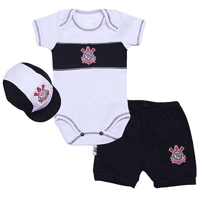 Conjunto Bebê Corinthians Com Body Shorts e Boné Oficial