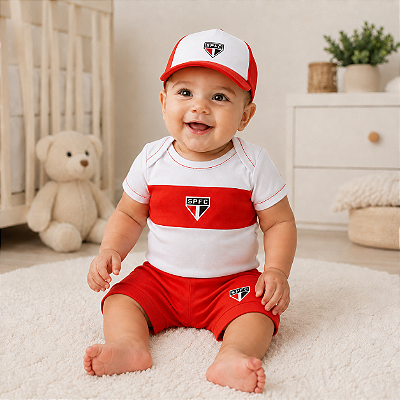 Conjunto Curto São Paulo 3 Pçs Body Shorts e Boné Oficial