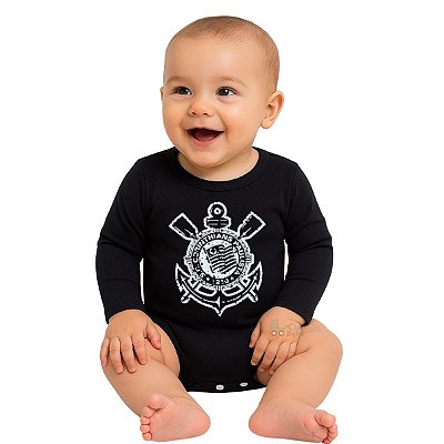 Body Bebê Corinthians Preto Manga Longa Oficial