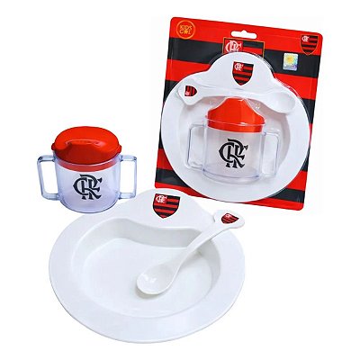 Kit Refeição Bebê Flamengo 4 Pçs Pratinho Colher e Copinho