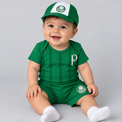Uniforme Bebê Palmeiras Body Shorts e Boné Oficial