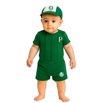 Uniforme Bebê Palmeiras Body Shorts e Boné Oficial