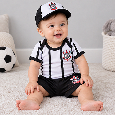 Uniforme Bebê Corinthians Body Shorts e Boné Oficial