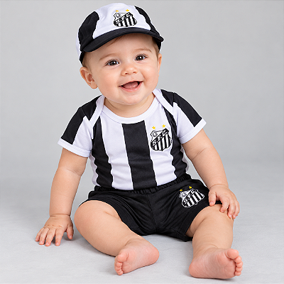 Uniforme Bebê Santos Body Shorts e Boné Oficial