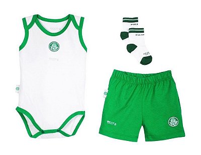 Kit Bebê Palmeiras Body Shorts e Meia Infantil Oficial