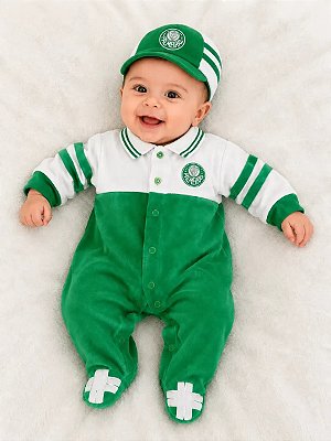 Macacão Bebê Palmeiras Longo Em Plush Com Boné Oficial