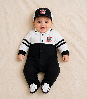 Macacão Bebê Corinthians Plush Longo Com Boné Oficial