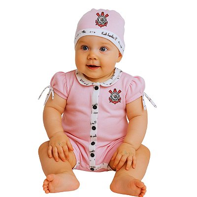 Macacão Bebê Corinthians Curto Rosa com Gorro Oficial