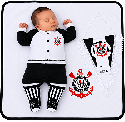 Kit Bebê Corinthians Maternidade Macacão Manta Flâmula 3 Pçs