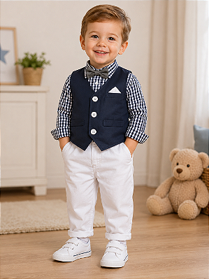 Roupa Bebê Social Camisa Xadrez Colete Calça e Meias