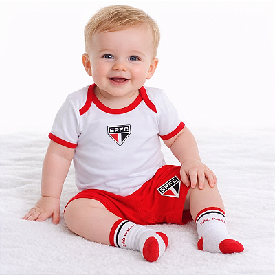 Kit Conjunto Bebê São Paulo Com Body Shorts e Meia Oficial