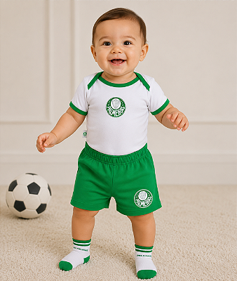 Kit Conjunto Bebê Palmeiras Body Shorts e Meia Oficial