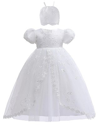 Vestido Batizado Luxo Branco Com Gorro