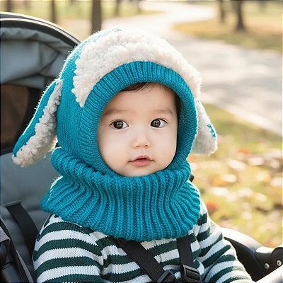 Touca Gorro Cachecol Bebê Infantil Cobre Orelhas Azul