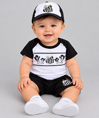 Conjunto Bebê Santos Body Shorts e Boné Oficial