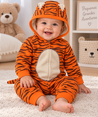 Macacão Bebê Tigrinho Gorro Com Orelhas e Rabo
