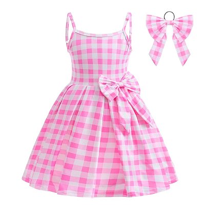 Vestido Infantil Quadriculado Rosa e Branco Com Laço