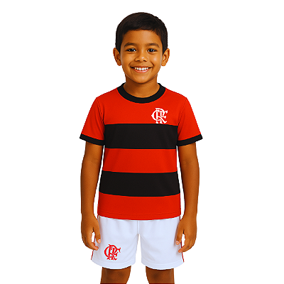 Uniforme Infantil Flamengo Listrado Shorts Branco Oficial