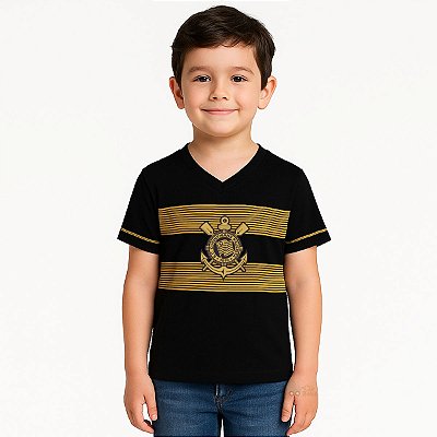 Camiseta Infantil Corinthians Preta Estampa Dourada Oficial