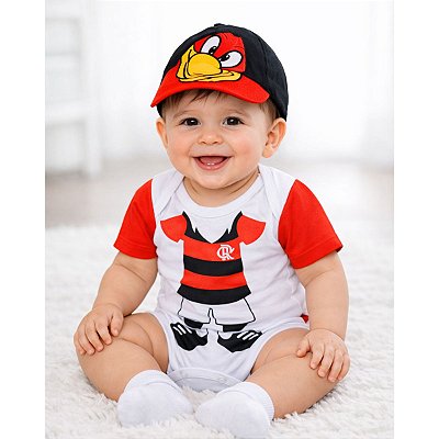Body Bebê Flamengo Mascote Com Boné Oficial