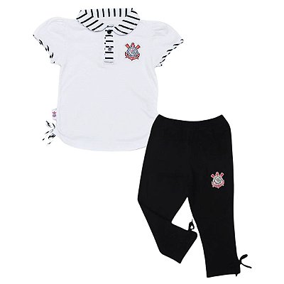 Conjunto Infantil Corinthians Feminino Camiseta Polo e Calça