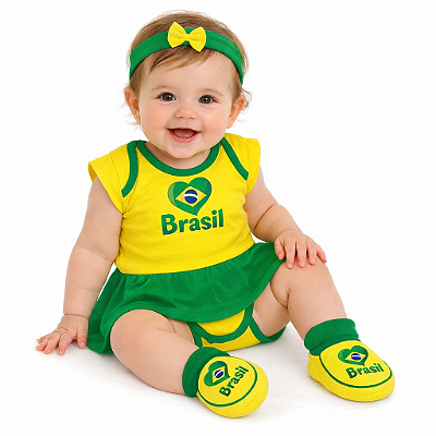 Kit Bebê Brasil 3 Peças Body Saia e Pantufa e Tiara